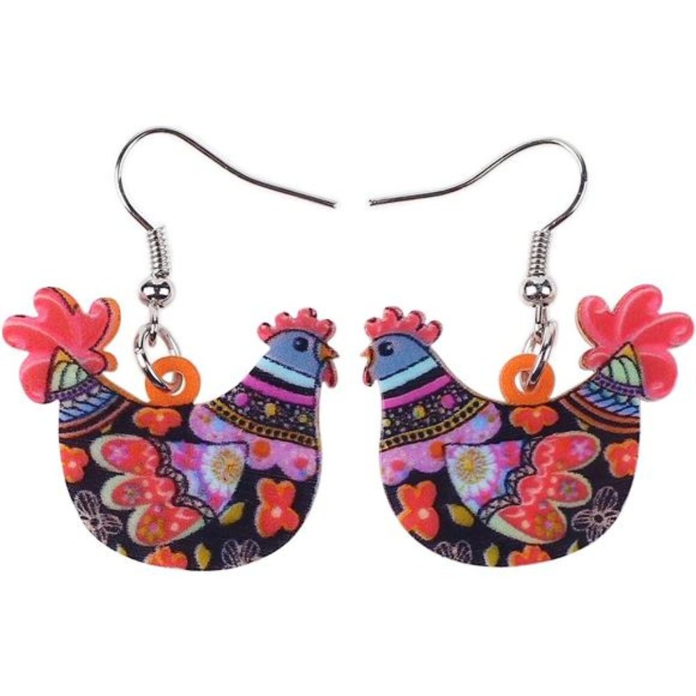 Charming Acrylic Hen Chicken Drop Earrings - Funny Farm Design Adorable Gift